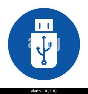 A blue USB flash drive icon displayed in a circular background, perfect for technology-related designs, digital media, and user interface projects. Stock Vector