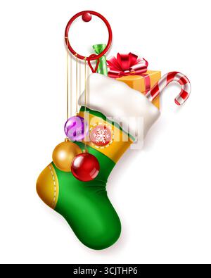 A green Christmas stocking with a white cuff, adorned with colorful hanging baubles, a wrapped gift, and a candy cane, featuring a snowflake emblem, w Stock Vector