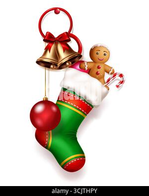 A colorful Christmas stocking filled with a gingerbread man, candy cane, golden bells, and a red ornament, with soft shadow on white background. Stock Vector