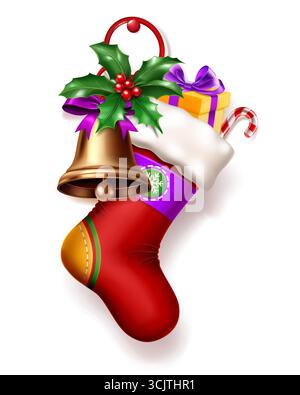 A red Christmas stocking with white cuff, with a golden bell, wrapped gift, candy cane, and holly sprig, with soft shadow on white background. Stock Vector