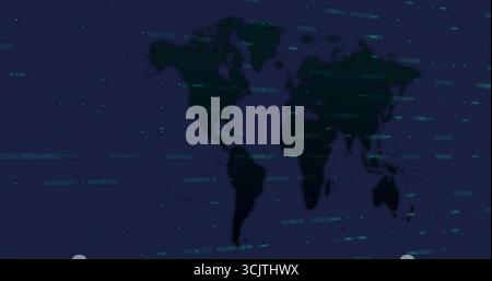 Displaying navy world map silhouette in dashboard, with cyan data blocks and coordinate strings Stock Photo