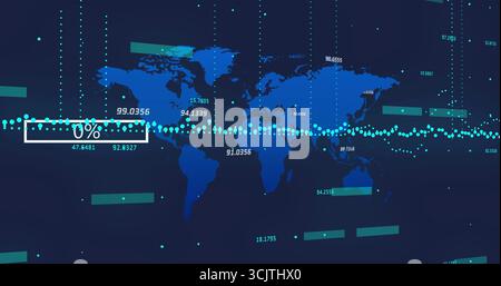 Displaying stylized blue world map on dashboard, with progress bar, turquoise waveform, numbers Stock Photo