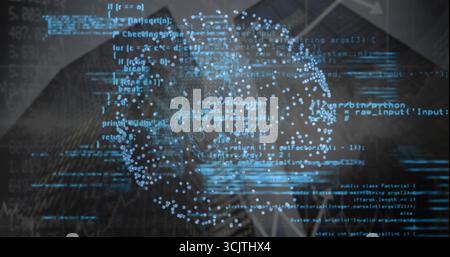 Pulsating glowing data point cluster forming sphere in digital network, with floating code snippets Stock Photo