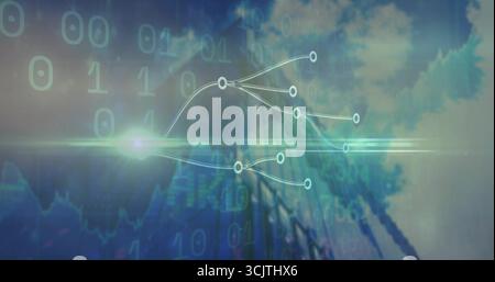 Floating central node branching into six nodes over cloudy sky, with binary digits and light flare Stock Photo