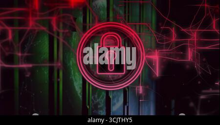 Pulsing red padlock icon in circle in server center, with neon circuits and green-lit rack panels Stock Photo
