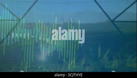 Displaying translucent candlestick bars and trend lines on grassy pylon field, with grid overlay Stock Photo