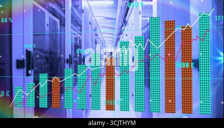 Central server aisle displaying digital graphs in data center corridor, with racks and lighting Stock Photo