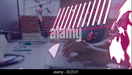 Typing woman's hands pressing white keyboard at office desk, with magenta digital graphics overlay Stock Photo