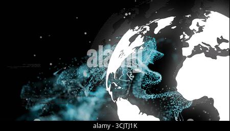 Rotating stylized globe showing aqua-blue particle streams and dotted white grid on black Stock Photo