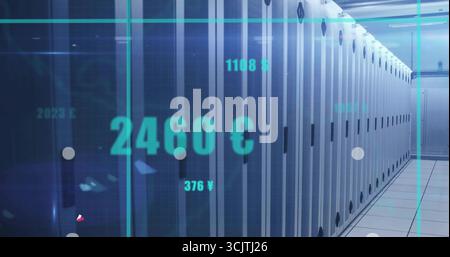Displaying server cabinets stretching down data center aisle, with floating neon currency figures Stock Photo