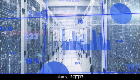 Illuminating server room aisle displaying server racks, featuring live analytics overlay Stock Photo