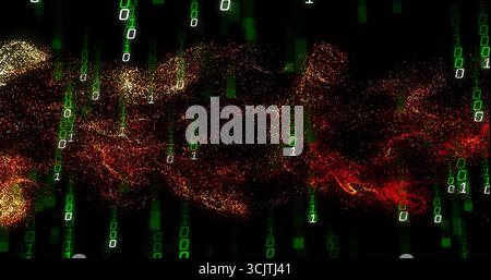 Swirling red and gold wave flowing through virtual cyberspace, with streams of green binary digits Stock Photo