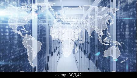 Displaying server rack aisle under bluish LEDs, with world map overlay and cascading binary code Stock Photo