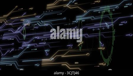 Pulsing abstract neon circuit lines branching across virtual interface, with nodes and arrows Stock Photo