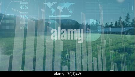 Overlaying translucent 3D columns on field, displaying data overlays, percentage labels, world map Stock Photo