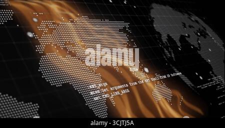 Sweeping stylized dotted world map displaying flame effect overlay on dark grid, with floating code Stock Photo