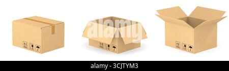 Set cardboard boxes on white background. Isolated 3D illustration Stock Photo