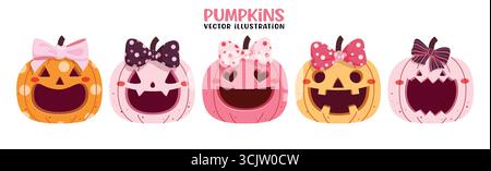 Pumpkins cute colorful clipart set. Cute Pumpkin with creepy smile, funny, happy, scary and spooky faces for kids Halloween party colorful pumpkins Stock Vector