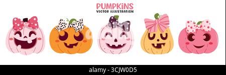 Pumpkins cute clipart set. Colorful cute pumpkins clip art collection in happy, funny and scary faces with printed and pattern bow tie ribbon for kids Stock Vector