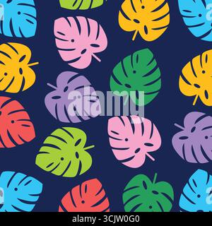 Seamless tropical colorful monstera palm leaves pattern on dark background. Bright exotic botanical design, perfect for summer vibes, textile prints, Stock Vector