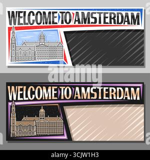 Vector layout for Amsterdam with copyspace, decorative invitation with illustration of amsterdam cityscape on day and nighttime sky background, art de Stock Vector
