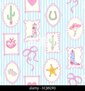 Cowgirl seamless pattern. Cowboy western theme, cactus, cowboy boots, hat, flame heart and dice in girly pink frame. Hand-drawn cartoon print on a stripy blue background. Vector illustration. Stock Vector