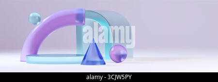 Abstract 3d glass podium scene - purple arch with cyan transparent elements, blue pyramid, glossy spheres on gradient background for luxury product display, branding or design presentations. Stock Vector