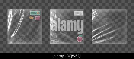 Clear plastic vinyl wrap set - transparent packaging materials, glossy protective film sheets with classic sticker, pink barcode label, price tag of retail display for storage and shipping purposes. Stock Vector