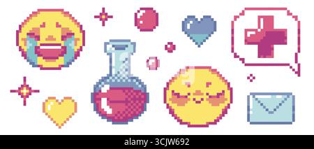 Pixel art y2k set - pink cross speech bubble, sob emoticon and blushed face, romantic love symbols, heart and letter envelope, magic potion bottle retro game interface. Vintage sparkle icons Stock Vector