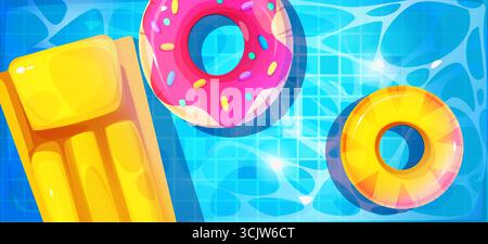 Pool party scene from top view - bright blue water with floating donut rings and yellow air mattress. Sparkling surface reflection for summer vacation design with inflatable toy for beach game Stock Vector