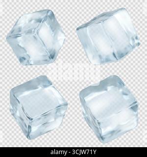 Transparent ice cubes with crystal clear surfaces and realistic frozen texture for beverage industry presentations. Melting blocks in different angles and shapes. Professional cold drink assets. Stock Vector