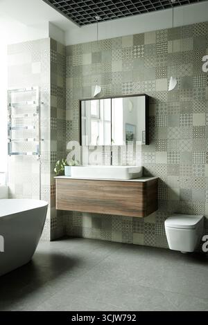 Modern Bathroom Interior Featuring Floating Vanity and Patterned Tile Walls Stock Photo