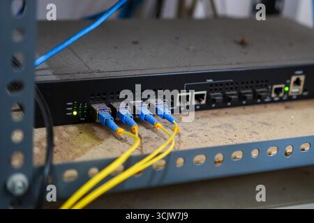 Close-up shows fiber optic cables connected to a network switch, highlighting seamless data transfer and network connectivity; use for telecommunicati Stock Photo