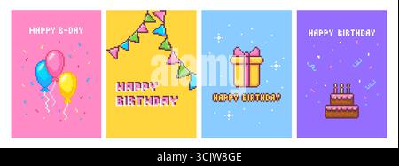 Birthday greeting cards in pixel art style with balloons and confetti, party flags, gift box and cake in retro 8 bit aesthetic for digital invitations. Retro gaming celebration templates collection. Stock Vector