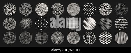 Crosshatch texture patterns set with dots and wood grain, diagonal lines and chaotic strokes, grid squares, organic swirls and geometric triangles. Black and white hand drawn design backgrounds. Stock Vector