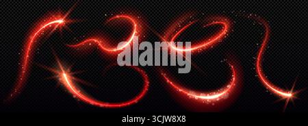 Glowing red sparkle magic trails with luminous curves and star bursts on transparent background. Fiery light streaks in swirling patterns with particles for fantasy effects or energy motion graphics Stock Vector