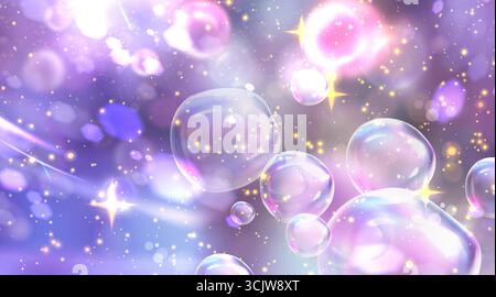 Sparkle bubble fantasy background with iridescent spheres, golden stars and purple pink gradient for magical designs. Dreamy bokeh effects with light rays, glowing orbs and cosmic dust particles. Stock Vector