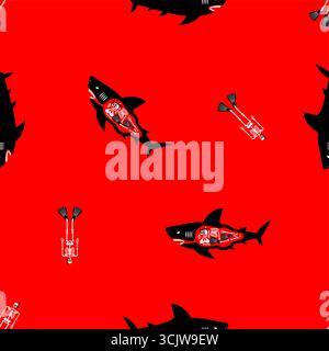 Seamless red shark pattern with skeletons inside. Vector background for textiles, wallpaper, marine design, and creative underwater projects. Stock Vector