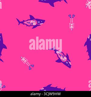 Seamless pink pattern with blue sharks. Vector background for ocean, marine life, predator designs, textiles, wallpapers, and underwater themes. Stock Vector