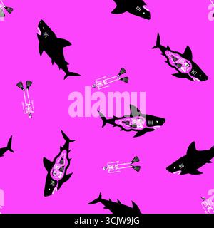 Seamless purple pattern with black sharks and bones. Marine predator design for textiles, wallpapers, backgrounds, and ocean-themed projects. Stock Vector