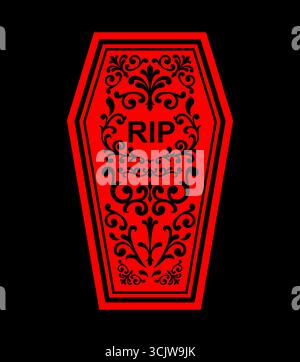 red coffin with white ornaments on black background. Symbol of death, funeral, gothic, horror, and dark art. Perfect for Halloween, scary posters, and Stock Vector