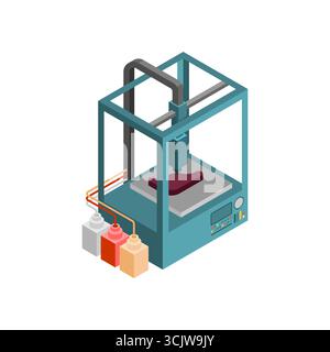 3D printer creating a human liver, symbolizing biotechnology, medical innovation, organ printing, and future healthcare. Stock Vector