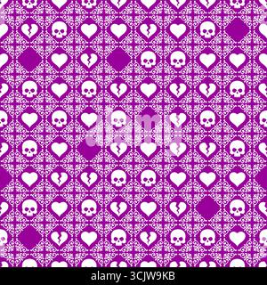 Seamless purple pattern with skulls, hearts, and ornaments, symbolizing gothic romance, dark style, and decorative art. Stock Vector