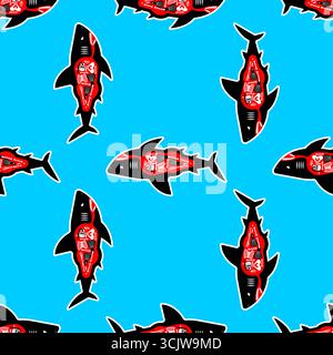 Seamless pattern of predator sharks with bones inside. Symbol of danger, ocean wildlife, and fear. Perfect for marine, textile, and horror-themed desi Stock Vector