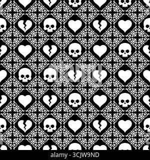 Seamless black and white pattern with hearts and skulls, symbolizing gothic romance, love and death, and dark design. Stock Vector