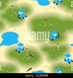 Seamless golf pattern with clubs, carts, and ponds. Vector background for golf clubs, sport design, leisure, and tournaments. Clean, modern style for Stock Vector
