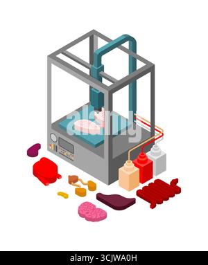 3D printer producing multiple human organs, symbolizing biotechnology, organ transplantation, medical innovation, and the future of healthcare. Stock Vector