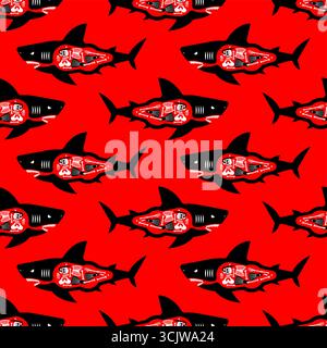 Seamless pattern with aggressive sharks on red background. Symbol of danger, fear, sea predators, and threat. Perfect for textiles, wallpapers, packag Stock Vector