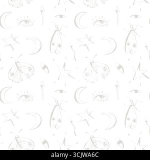 Seamless mystical pattern with moths moons stars and eyes on white background magical boho design for fabric wrapping wallpaper Stock Vector