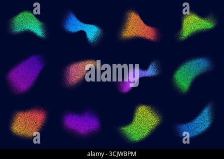 Dotted noisy shapes. Diffuse colored abstract stipple wavy elements on black background. Fluid textured neon spots. Grunge vector brushstrokes Stock Vector